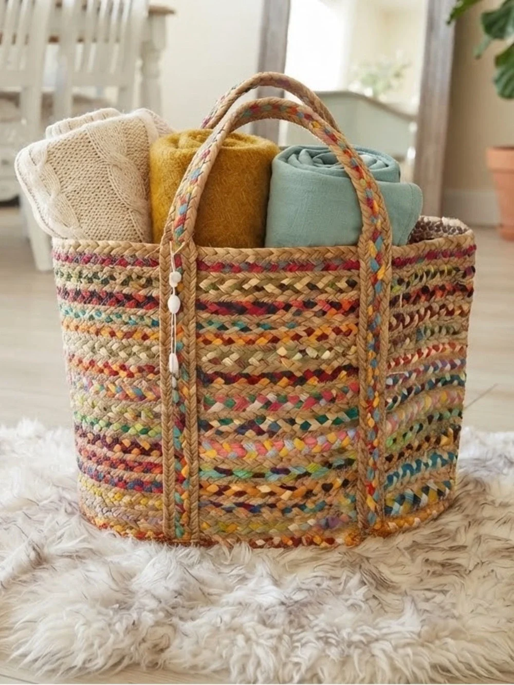 New Shiraleah handwoven colorful Jute boho Storage Basket Home decor storage bag